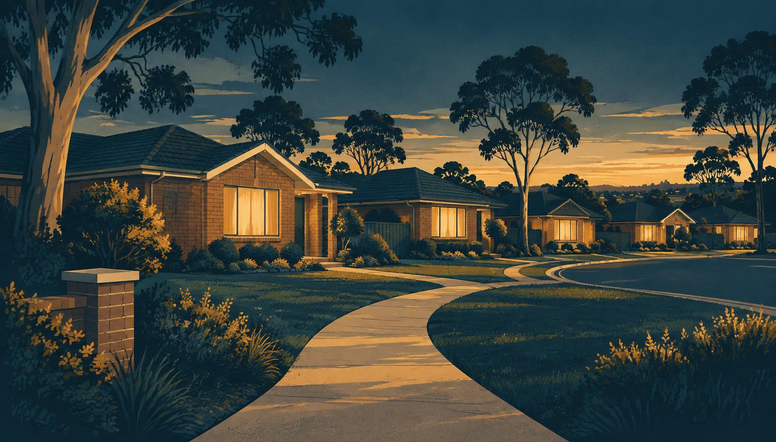 Illustration of a quiet Western Sydney suburban street at dusk