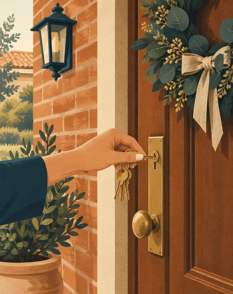 Illustration of a hand placing brass house keys in a wooden front door